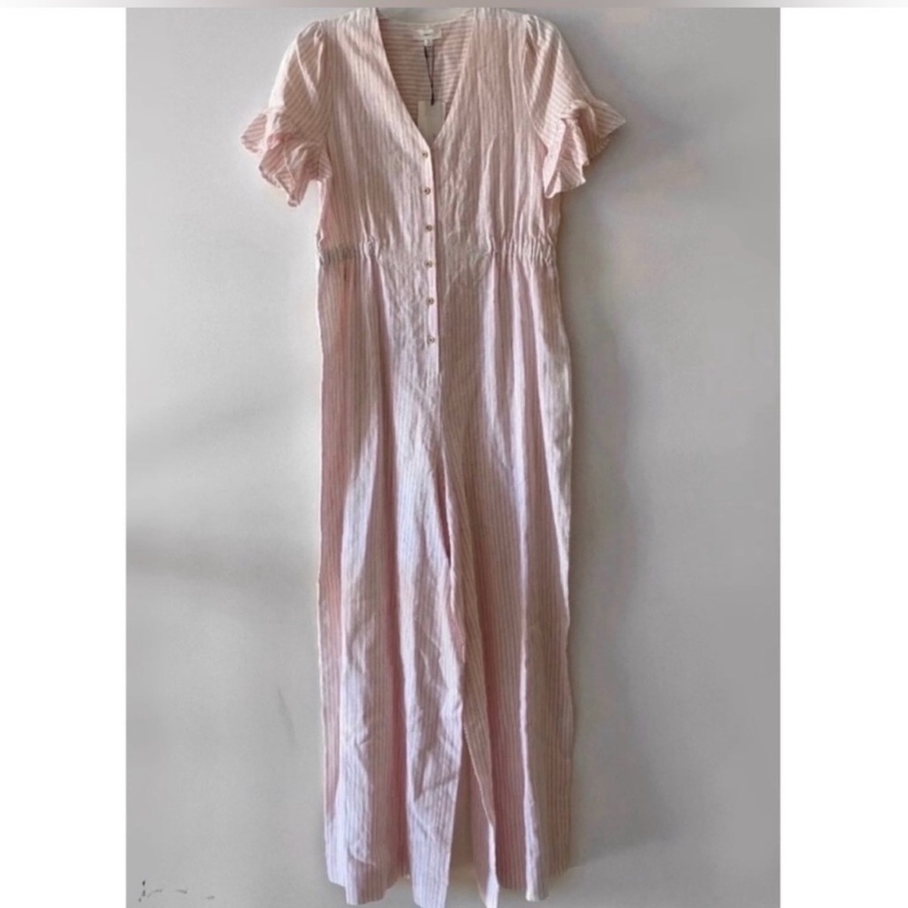 A loves A White and Pink Striped Ruffle Sleeve Button -up V-Neck Linen Jumpsuit